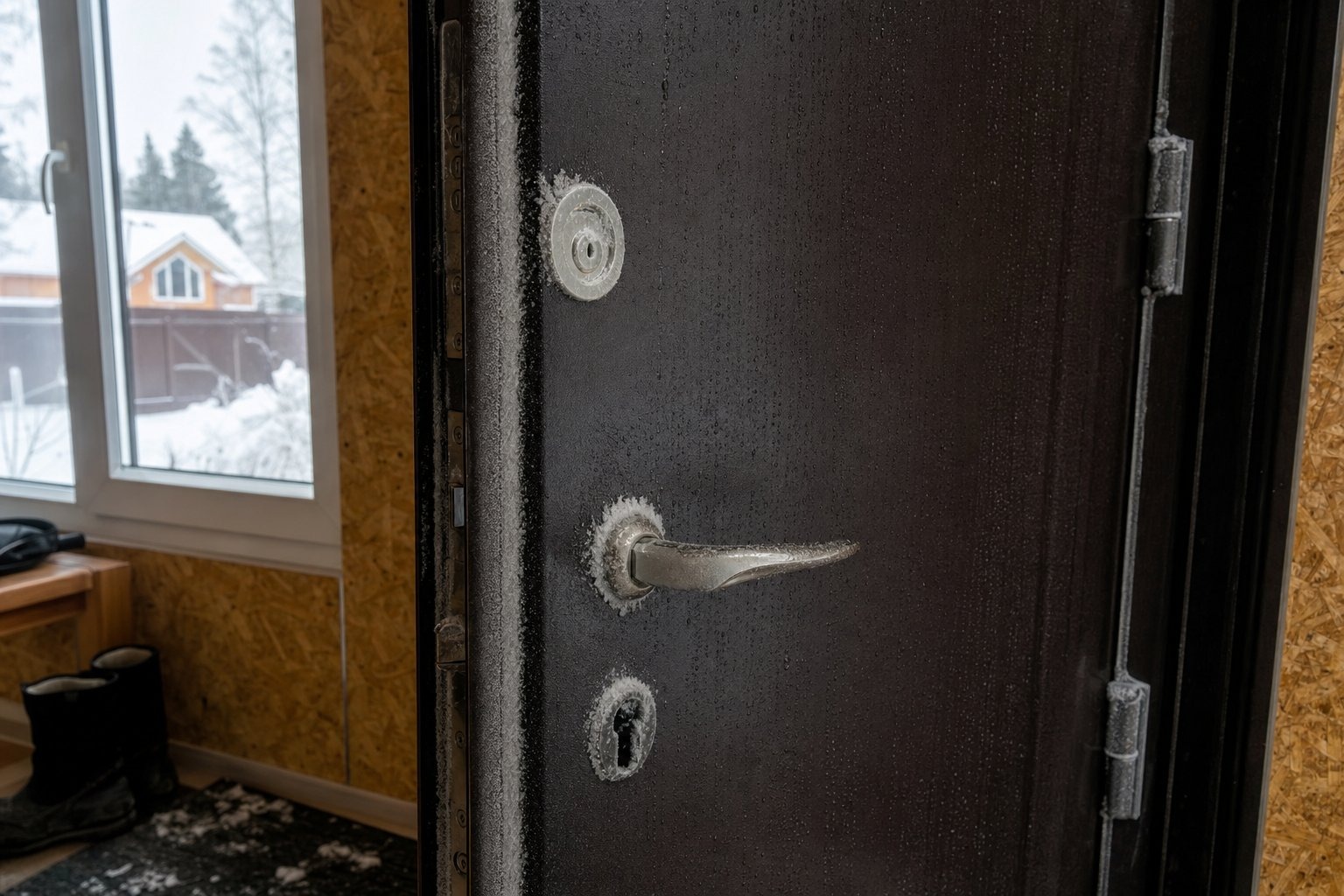 Промерзает входная дверь: конденсат и наледь на полотне